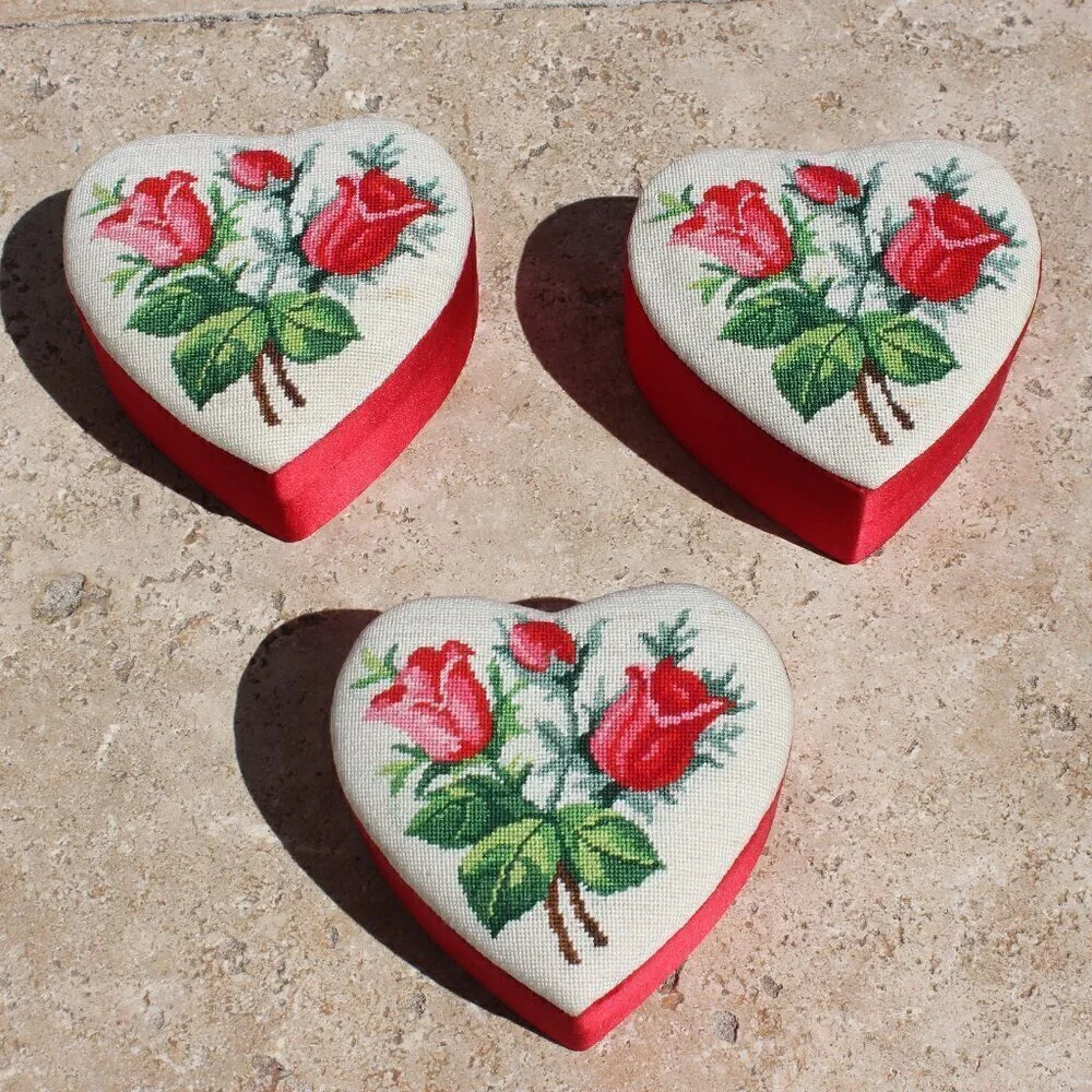 Needlepoint Mini Petite Stitch Roses Floral Red Heart Containers Set of 3